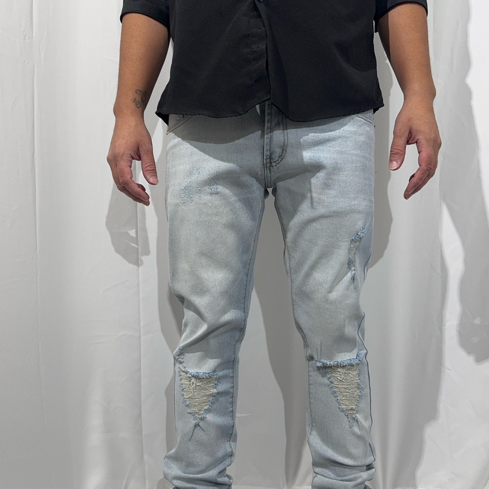 Aeropostale Mens Super Skinny Distressed Jeans Light Blue Ripped Denim 36x30